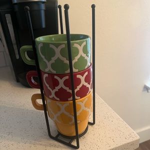 3 colorful mugs COMES WITH STAND